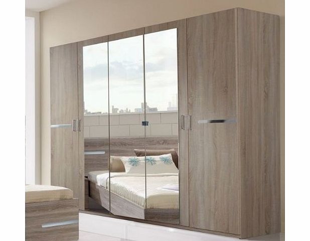 Germanica BAVARI Bedroom Furniture: 5-Door Wardrobe in Mirrored and Dark Oak Colour [Includes Full Assembly Service]